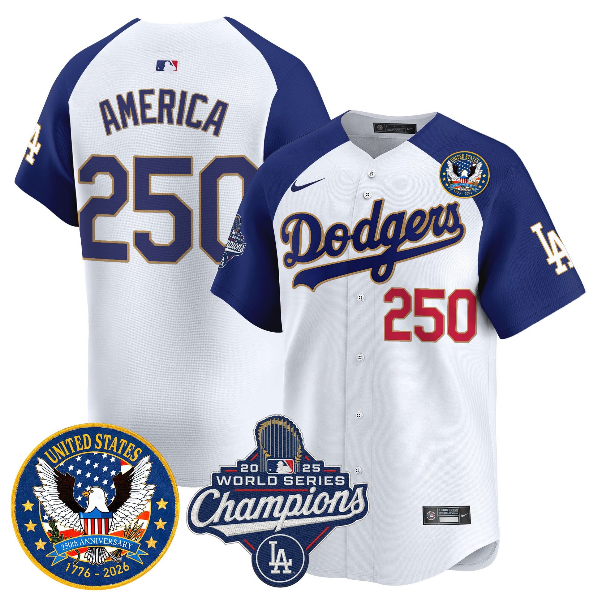 Men's Dodgers 2025 World Series Champions & America 250th Patch Vapor Premier Limited Jersey - All Stitched