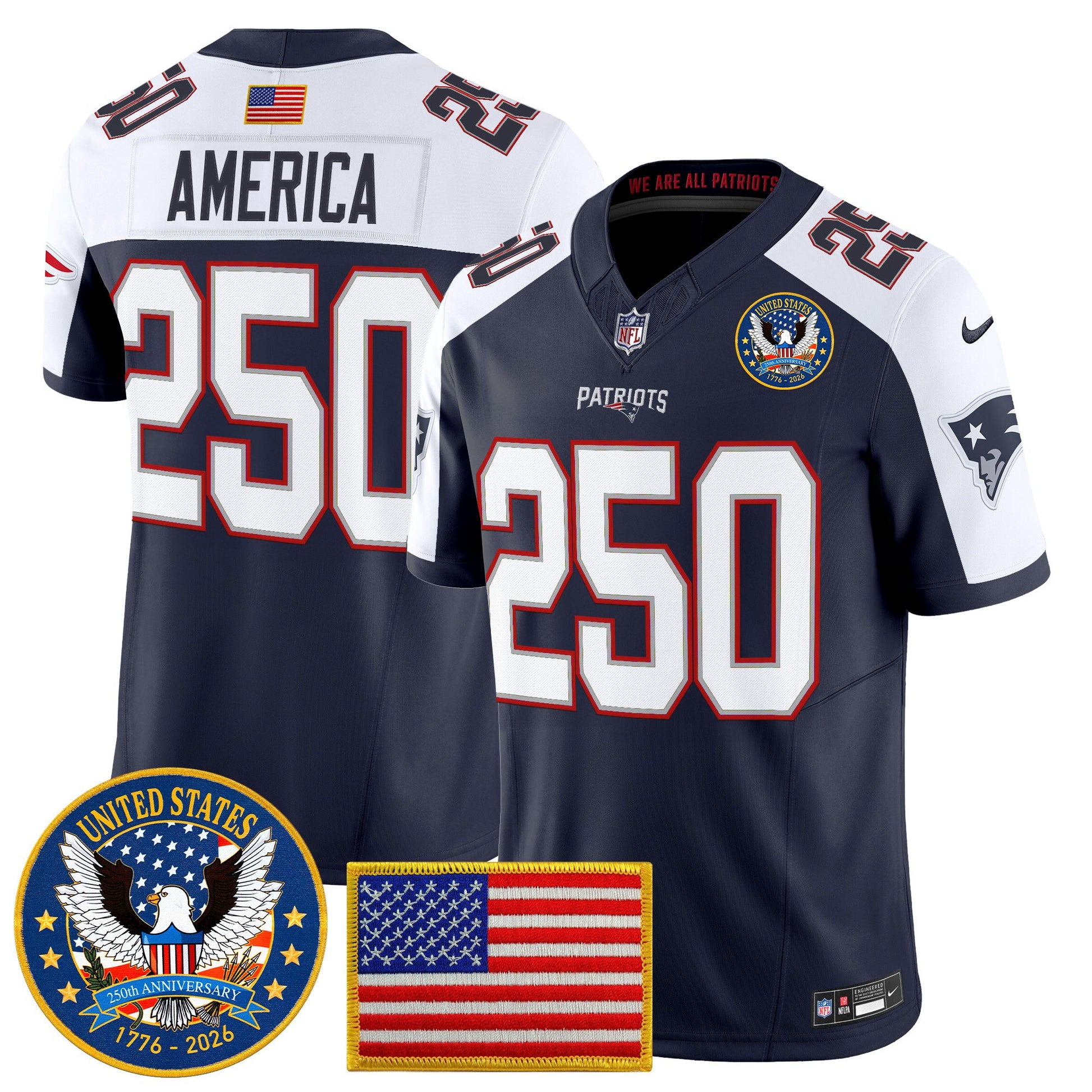 Men's New England Patriots "United States 250th Anniversary Patch" Vapor Limited Jersey - All Stitched