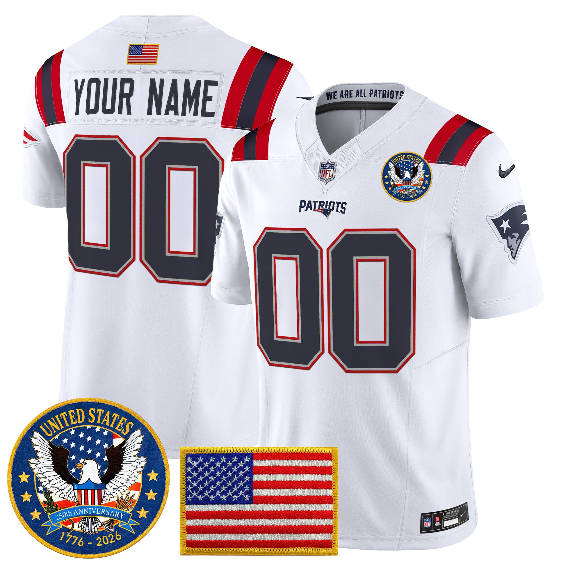 New England Patriots "United States 250th Anniversary Patch" Vapor Limited Custom Jersey - All Stitched