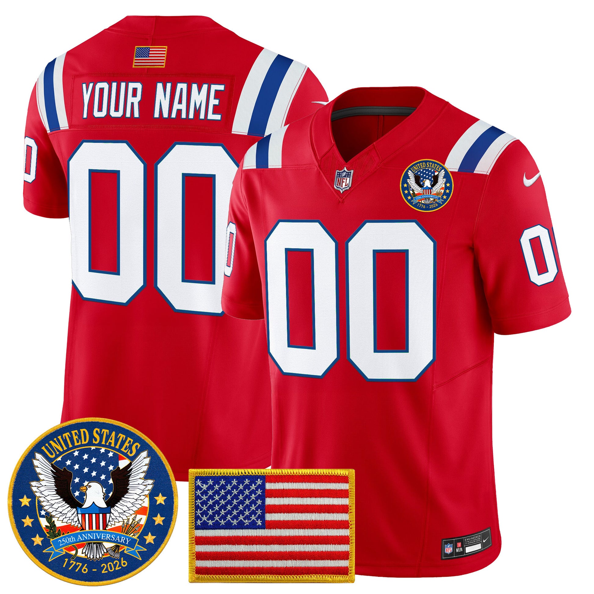 New England Patriots "United States 250th Anniversary Patch" Vapor Limited Custom Jersey - All Stitched