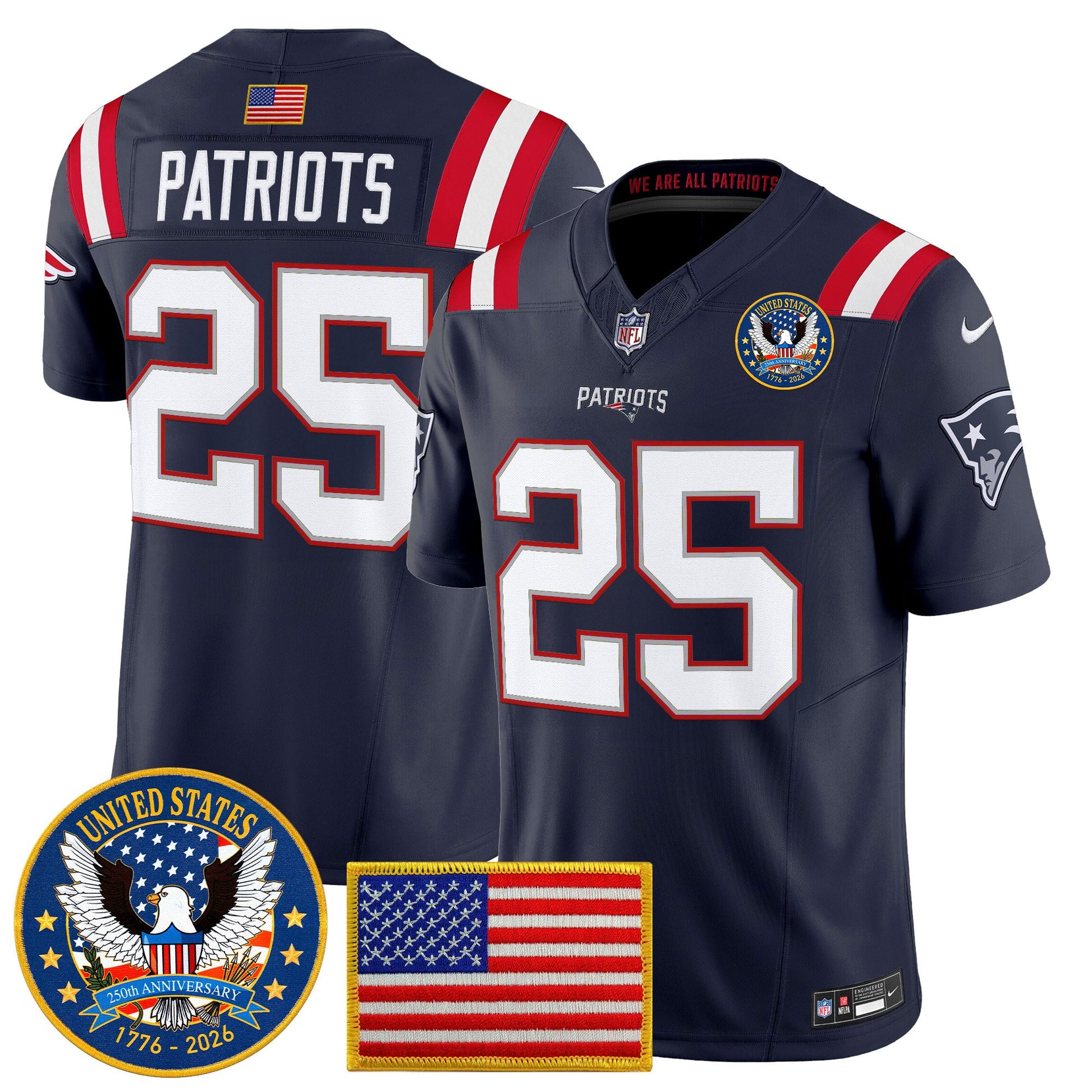 Men's New England Patriots "United States 250th Anniversary Patch" Vapor Limited Jersey - All Stitched