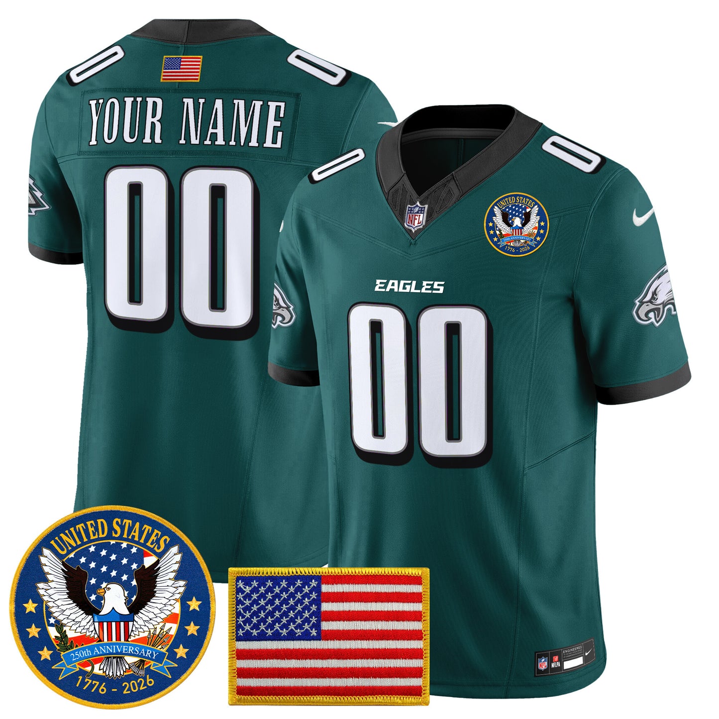 Philadelphia Eagles "United States 250th Anniversary Patch" Vapor Limited Custom Jersey - All Stitched