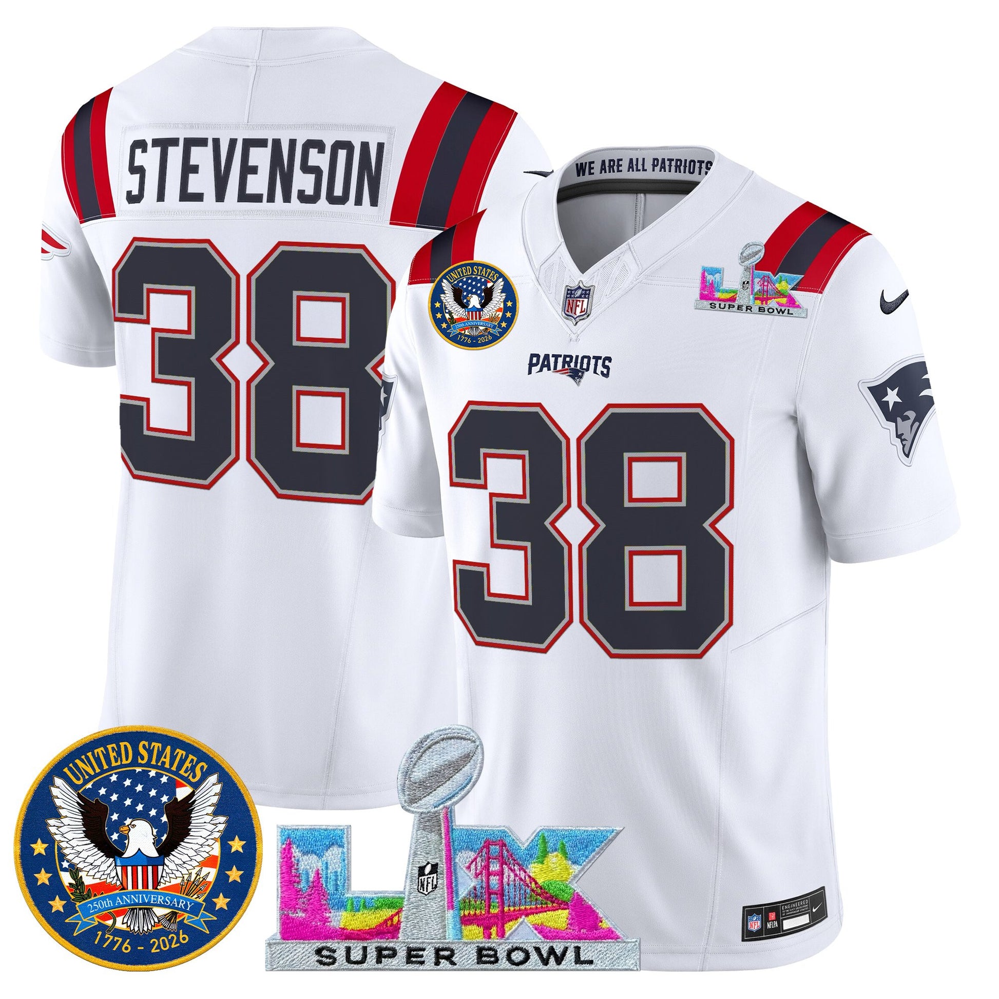 Men's New England Patriots "Super Bowl LX & United States 250th Patch" Vapor Limited Jersey - All Stitched