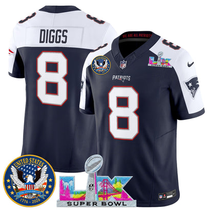 Men's New England Patriots "Super Bowl LX & United States 250th Patch" Vapor Limited Jersey - All Stitched