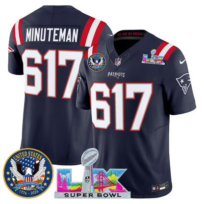 Men's New England Patriots "Super Bowl LX & United States 250th Patch" Vapor Limited Jersey - All Stitched