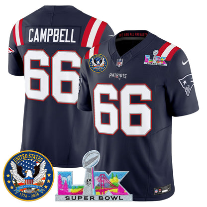 Men's New England Patriots "Super Bowl LX & United States 250th Patch" Vapor Limited Jersey - All Stitched