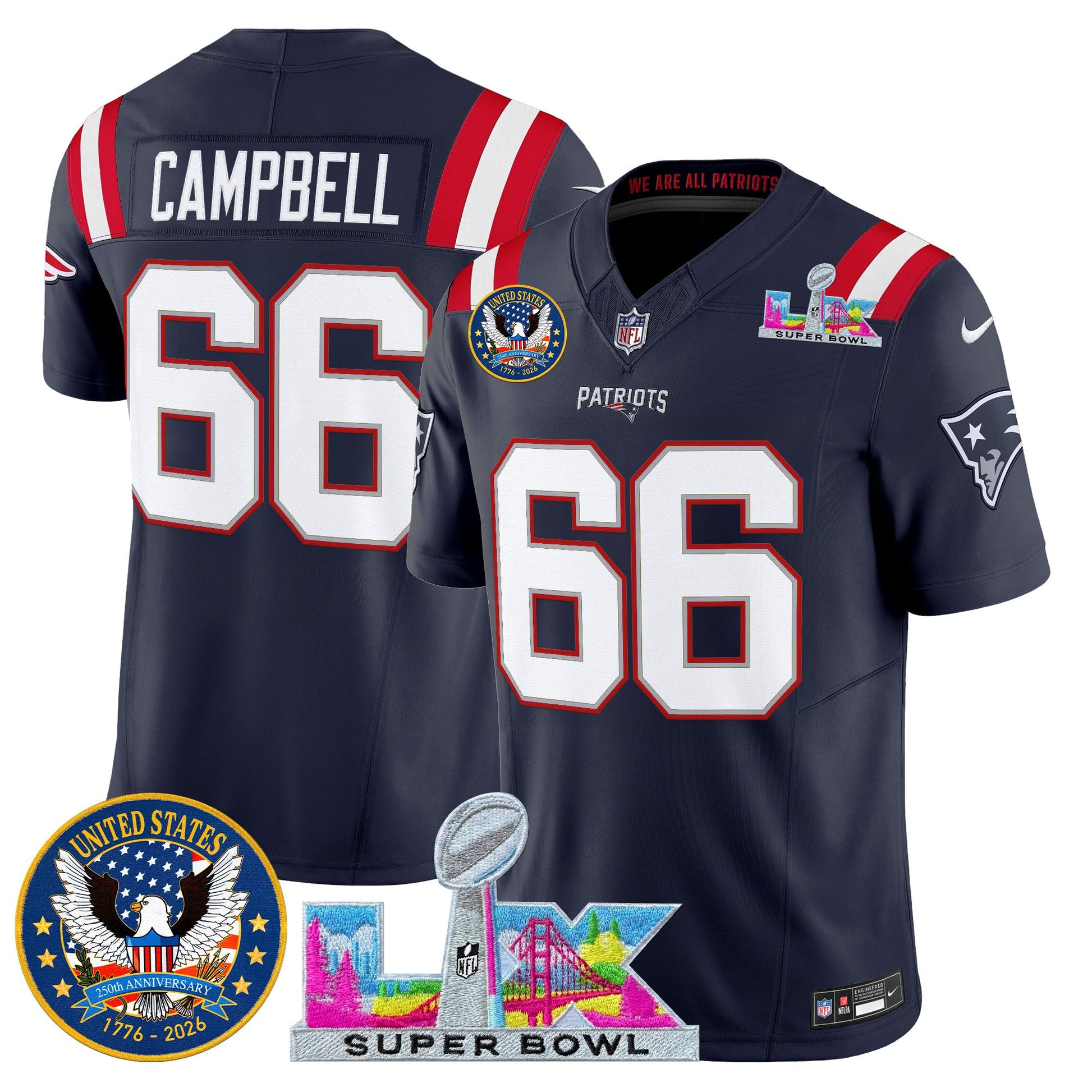 Men's New England Patriots "Super Bowl LX & United States 250th Patch" Vapor Limited Jersey - All Stitched