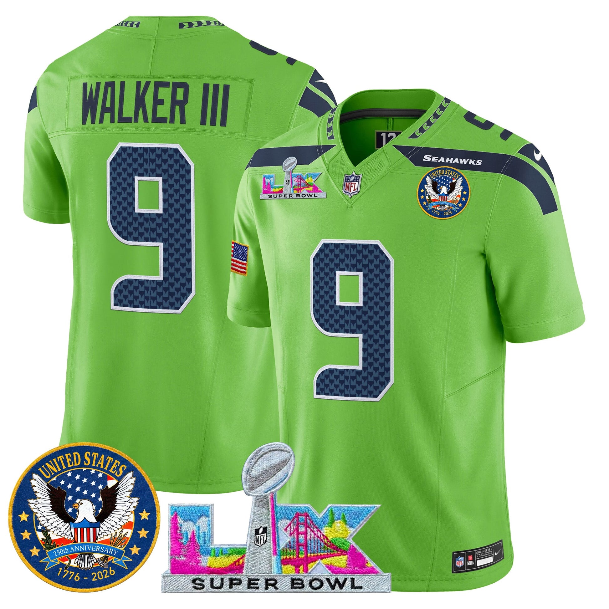 Men's Seattle Seahawks "Super Bowl LX & United States 250th Patch" Vapor Limited Jersey - All Stitched
