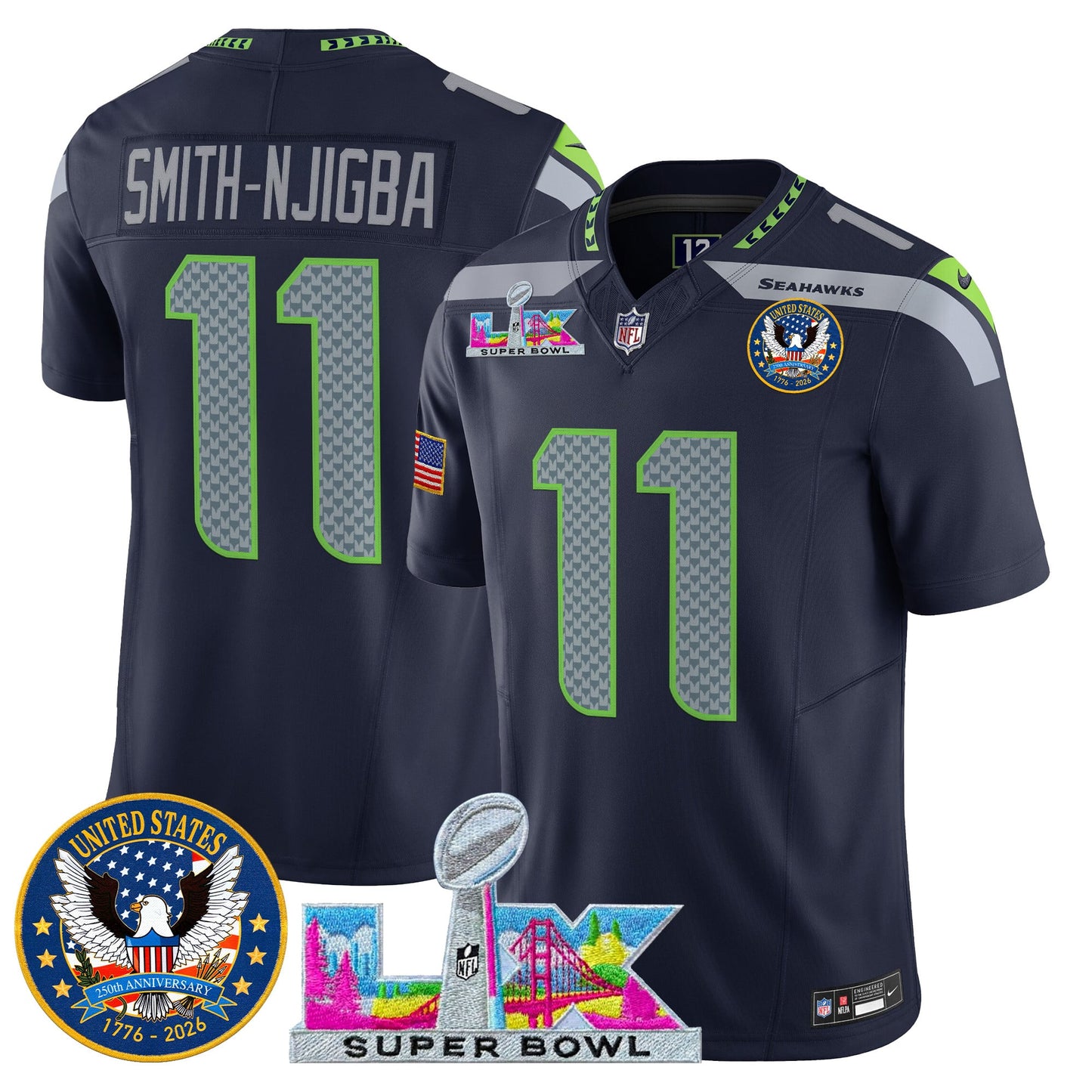 Men's Seattle Seahawks "Super Bowl LX & United States 250th Patch" Vapor Limited Jersey - All Stitched