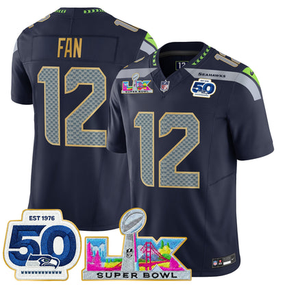 Men's Seattle Seahawks "Super Bowl LX & 50th Patch" Gold Trim Vapor Limited Jersey - All Stitched