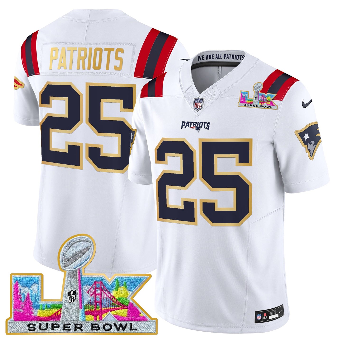 Men's New England Patriots Super Bowl LX Gold Trim Vapor Limited Jersey - All Stitched