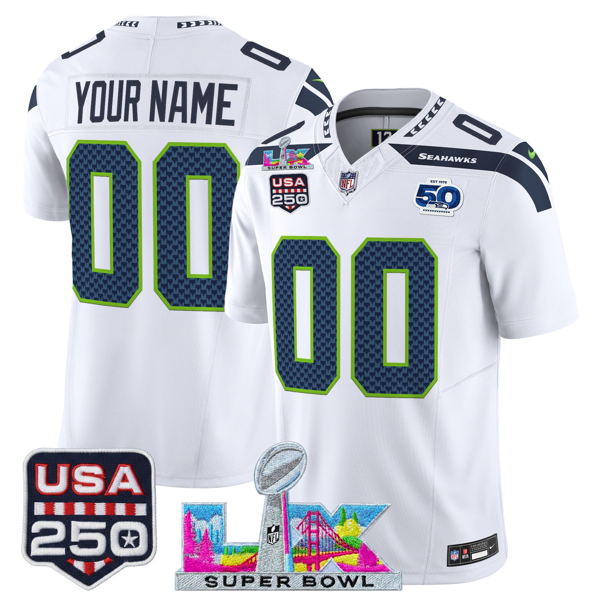 Seattle Seahawks "Super Bowl LX & United States 250th Anniversary Patch" Vapor Limited Custom Jersey - All Stitched