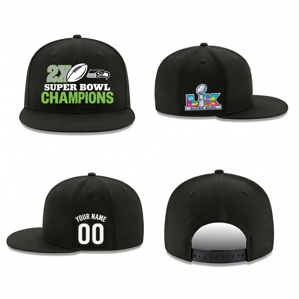 SEA Super Bowl Champions Personalized Snapback Cap - Printed V2