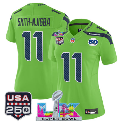 Women's Seattle Seahawks "Super Bowl LX & United States 250th Anniversary Patch" Vapor Limited Jersey - All Stitched