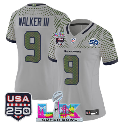Women's Seattle Seahawks "Super Bowl LX & United States 250th Anniversary Patch" Vapor Limited Jersey - All Stitched
