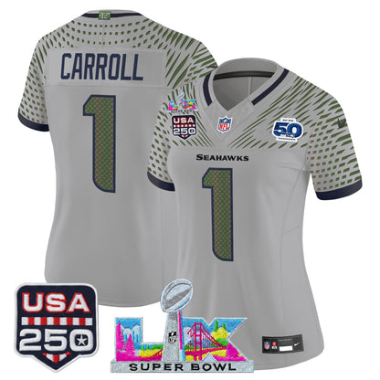 Women's Seattle Seahawks "Super Bowl LX & United States 250th Anniversary Patch" Vapor Limited Jersey - All Stitched