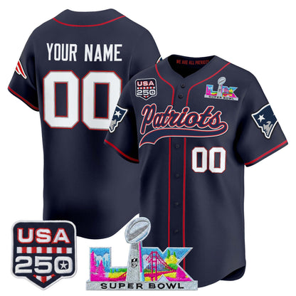 New England Patriots "Super Bowl LX & United States 250th Anniversary Patch" Vapor Baseball Custom Jersey - Stitched