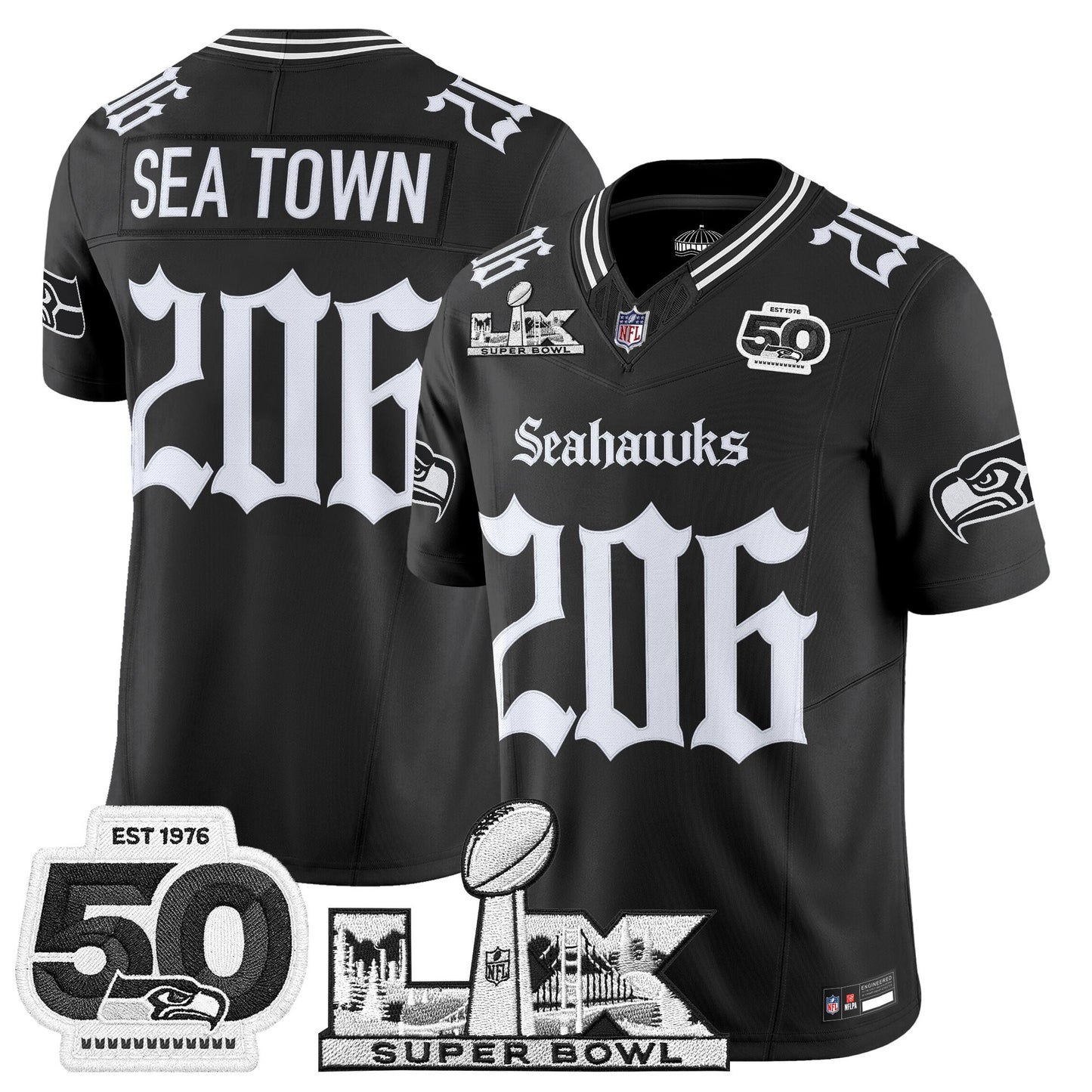Men's Seattle Seahawks "Super Bowl LX & 50th Patch" Vapor Limited Jersey - Gothic Edition - All Stitched