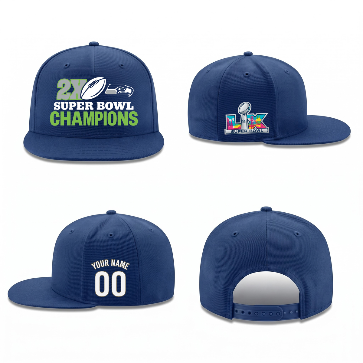 SEA Super Bowl Champions Personalized Snapback Cap - Printed V2