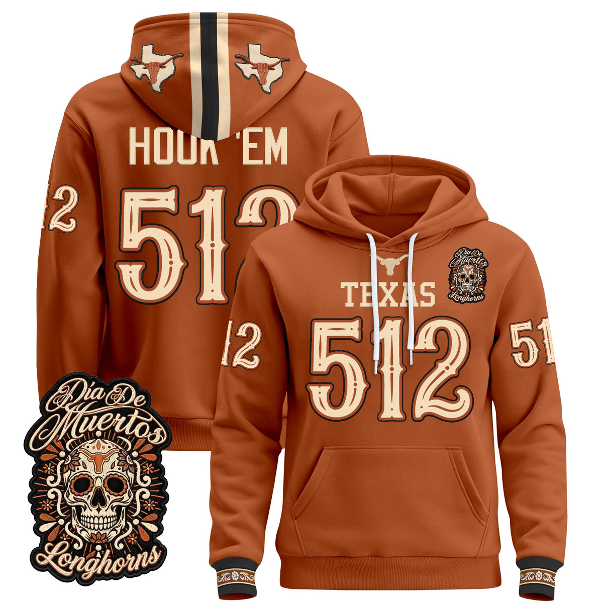  Texas Longhorns Día de los Muertos Premium Fleece Hoodie - Printed 