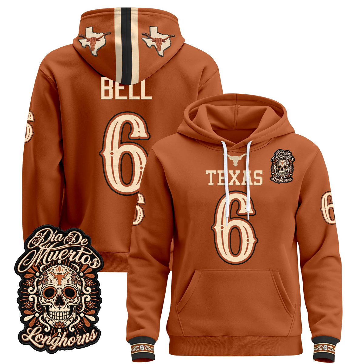  Texas Longhorns Día de los Muertos Premium Fleece Hoodie - Printed 