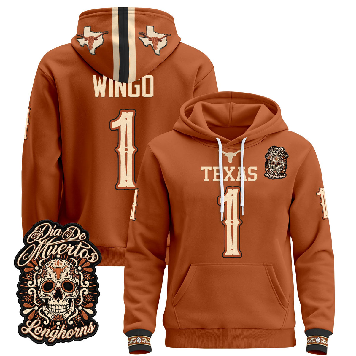  Texas Longhorns Día de los Muertos Premium Fleece Hoodie - Printed 