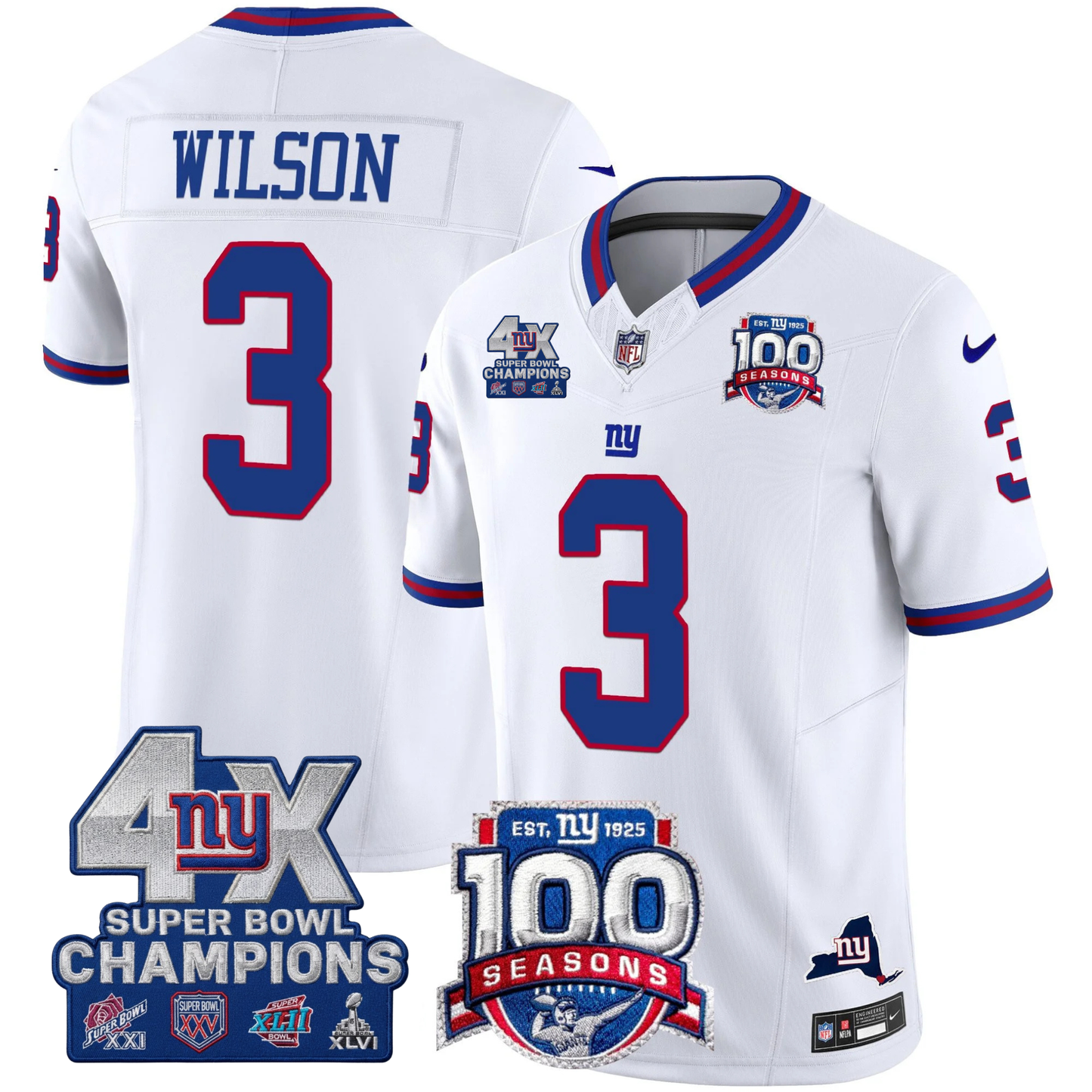 NYG 4X Champions & 100th Season Patch Vapor Limited Jersey - Stitched