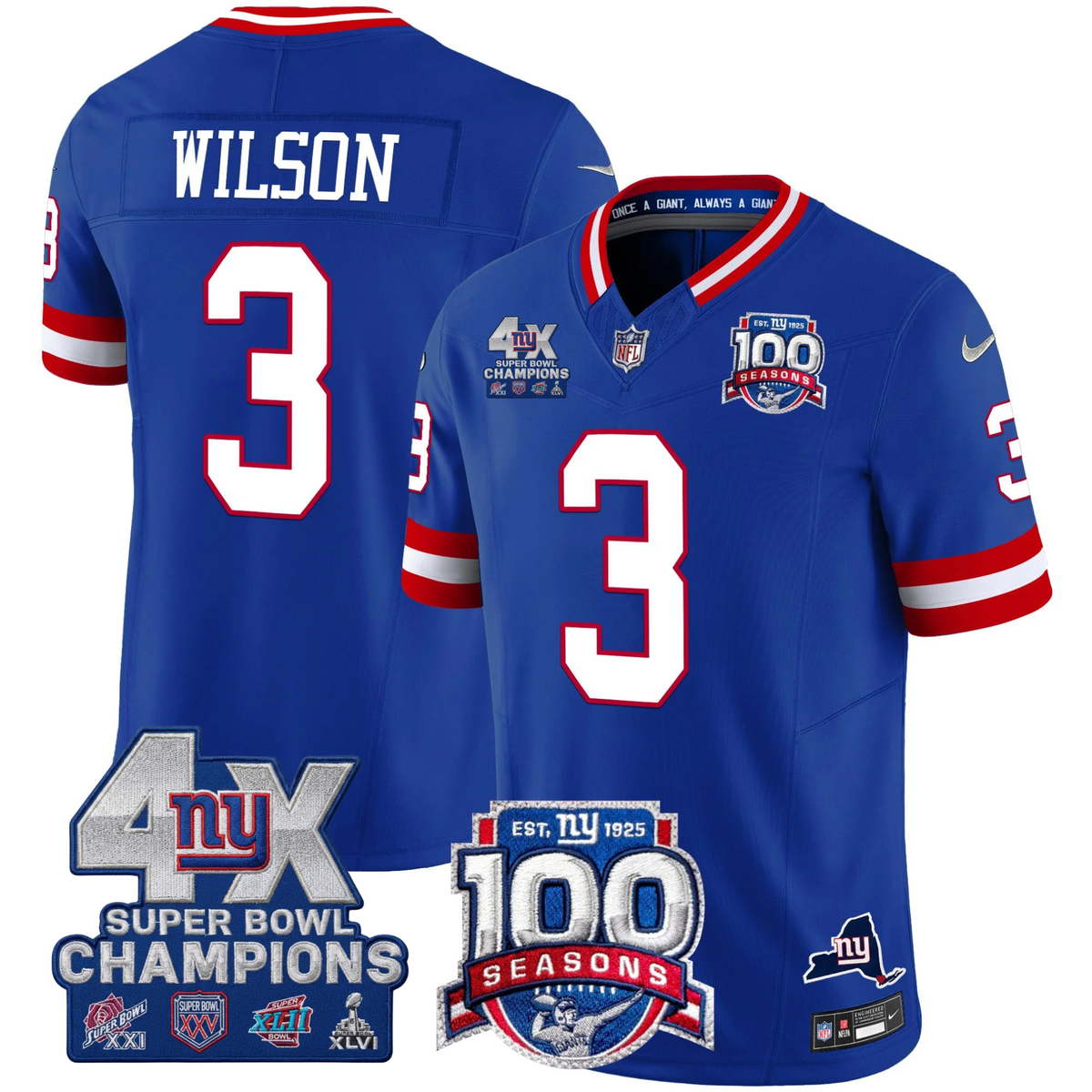 NYG 4X Champions & 100th Season Patch Vapor Limited Jersey - Stitched