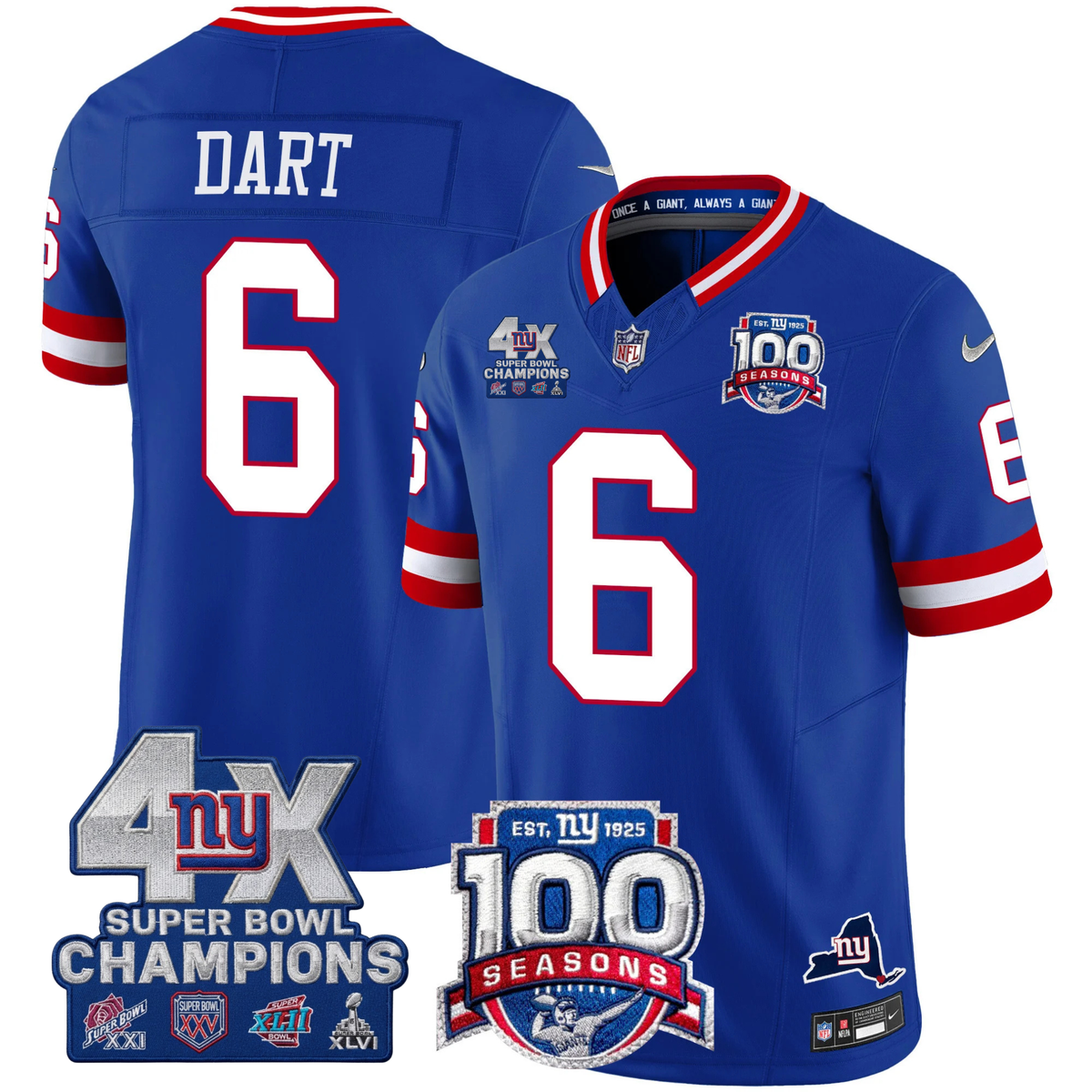 NYG 4X Champions & 100th Season Patch Vapor Limited Jersey - Stitched
