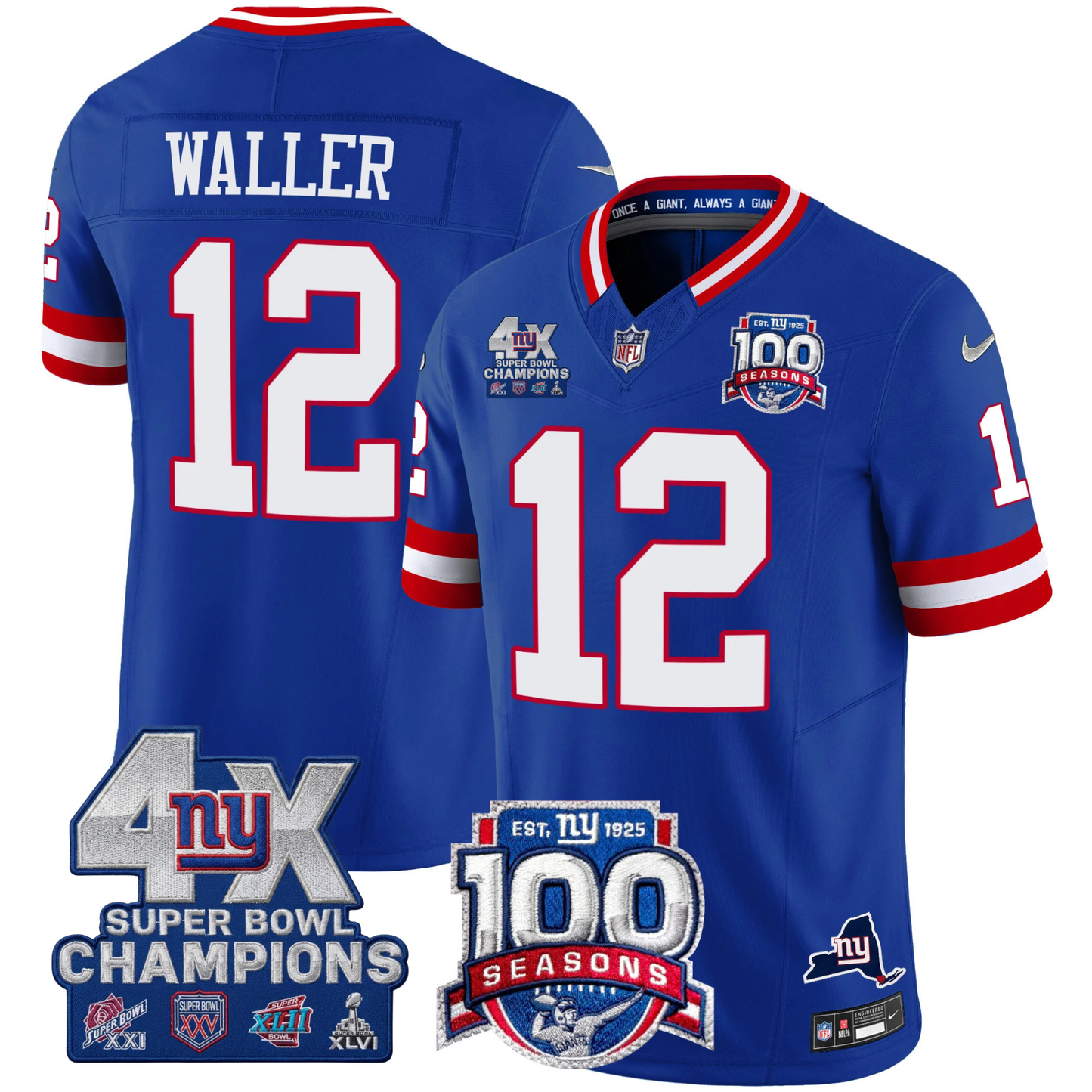 NYG 4X Champions & 100th Season Patch Vapor Limited Jersey - Stitched