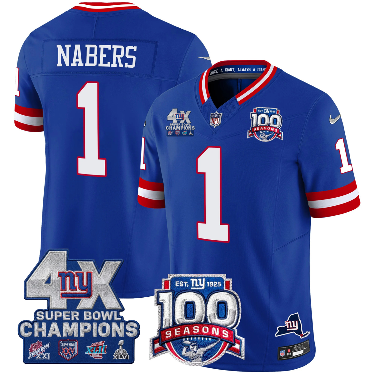 NYG 4X Champions & 100th Season Patch Vapor Limited Jersey - Stitched