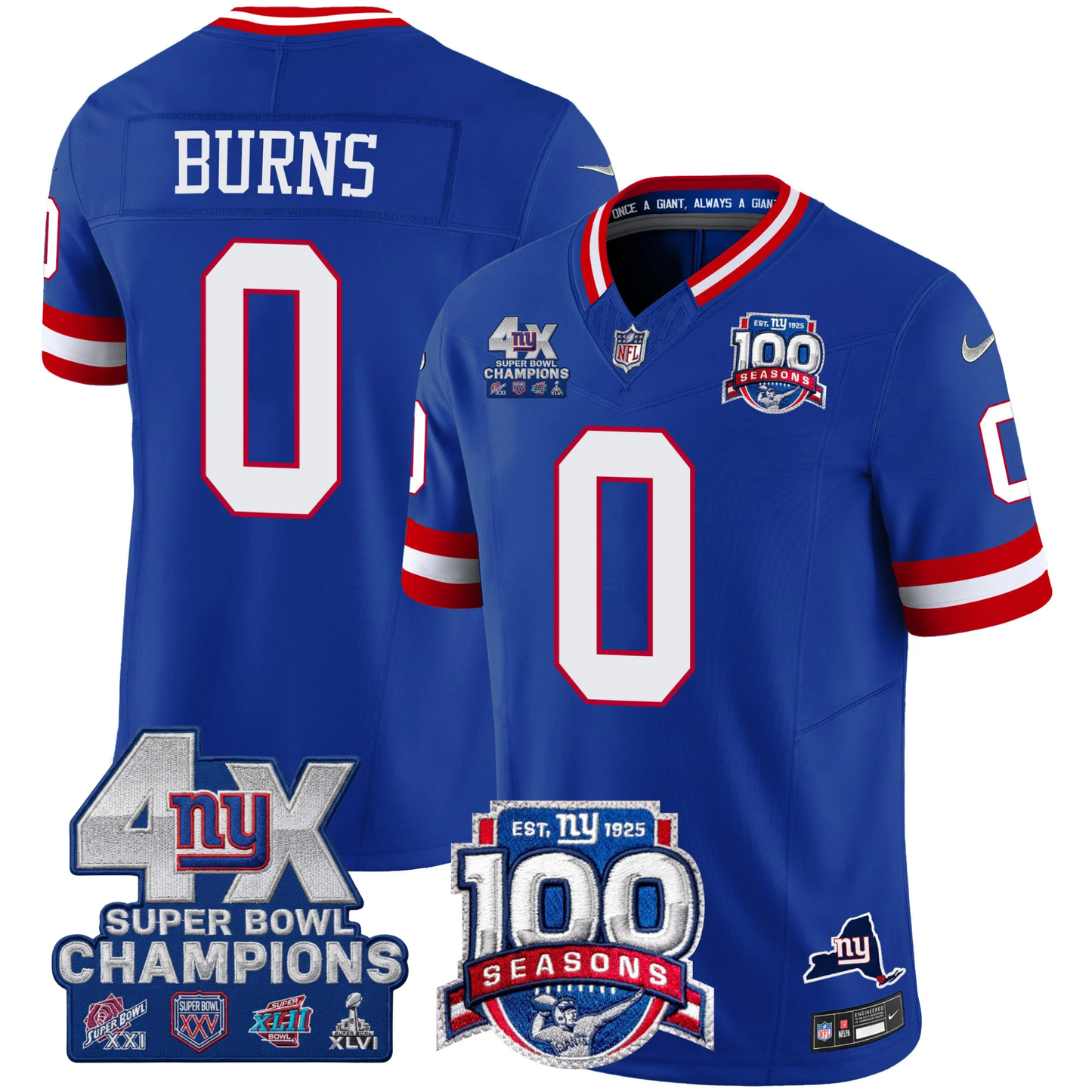 NYG 4X Champions & 100th Season Patch Vapor Limited Jersey - Stitched