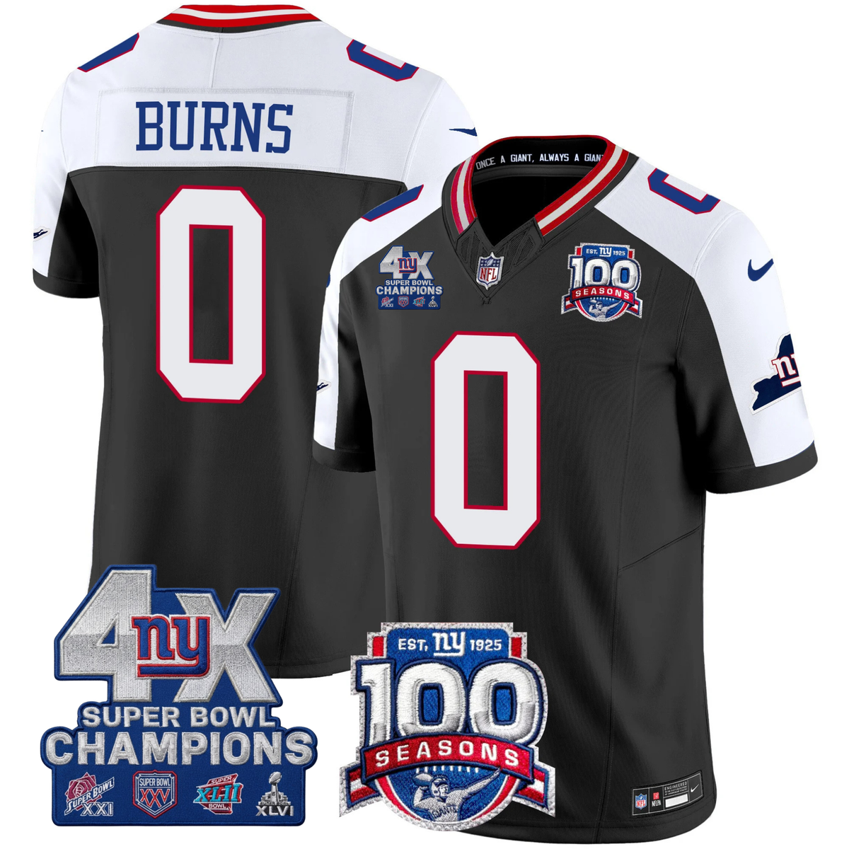 NYG 4X Champions & 100th Season Patch Vapor Limited Jersey - Stitched