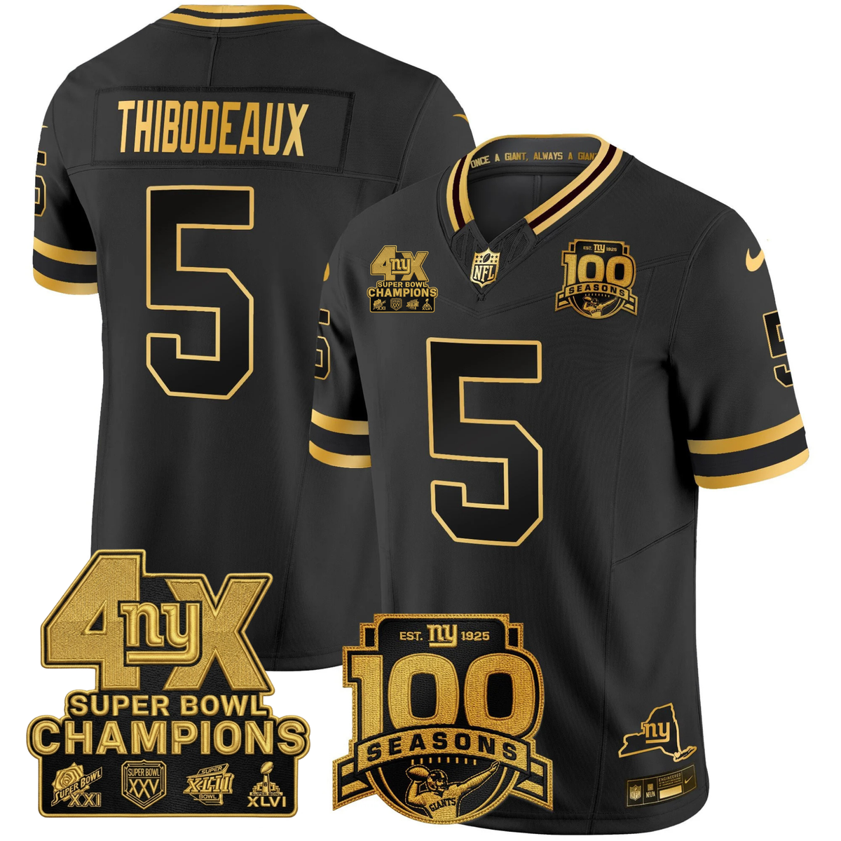 NYG 4X Champions & 100th Season Patch Vapor Limited Jersey - Stitched