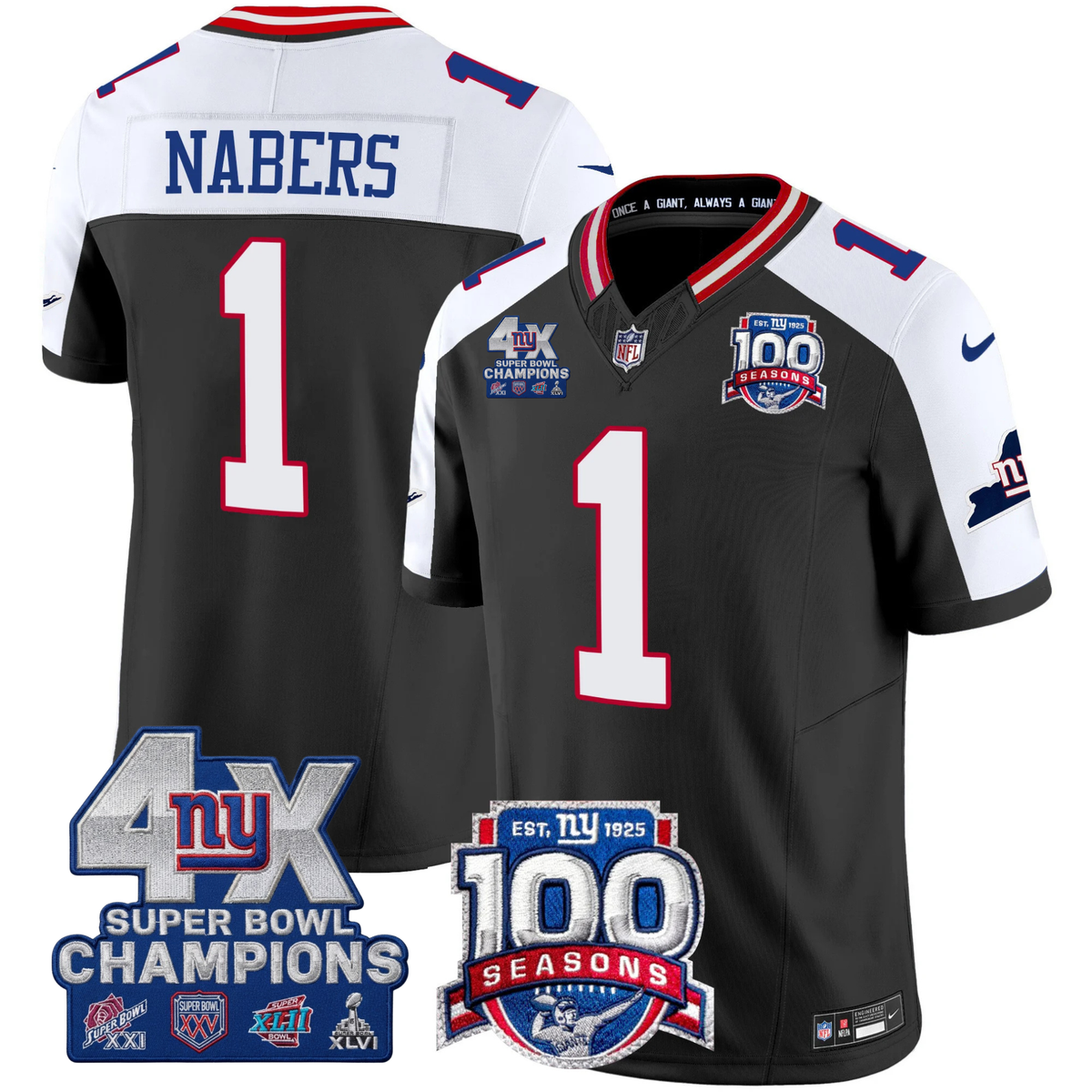NYG 4X Champions & 100th Season Patch Vapor Limited Jersey - Stitched