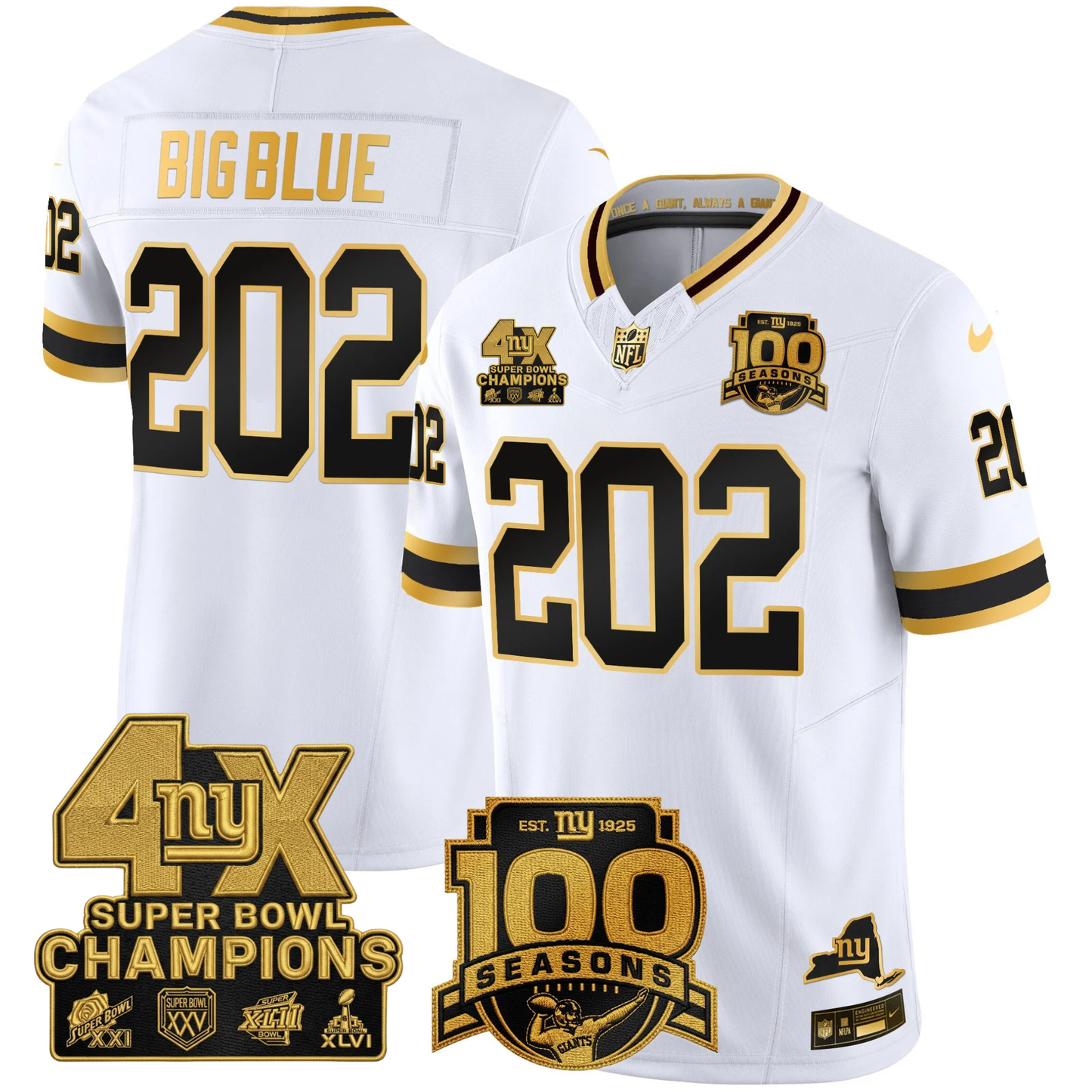 NYG 4X Champions & 100th Season Patch Vapor Limited Jersey - Stitched