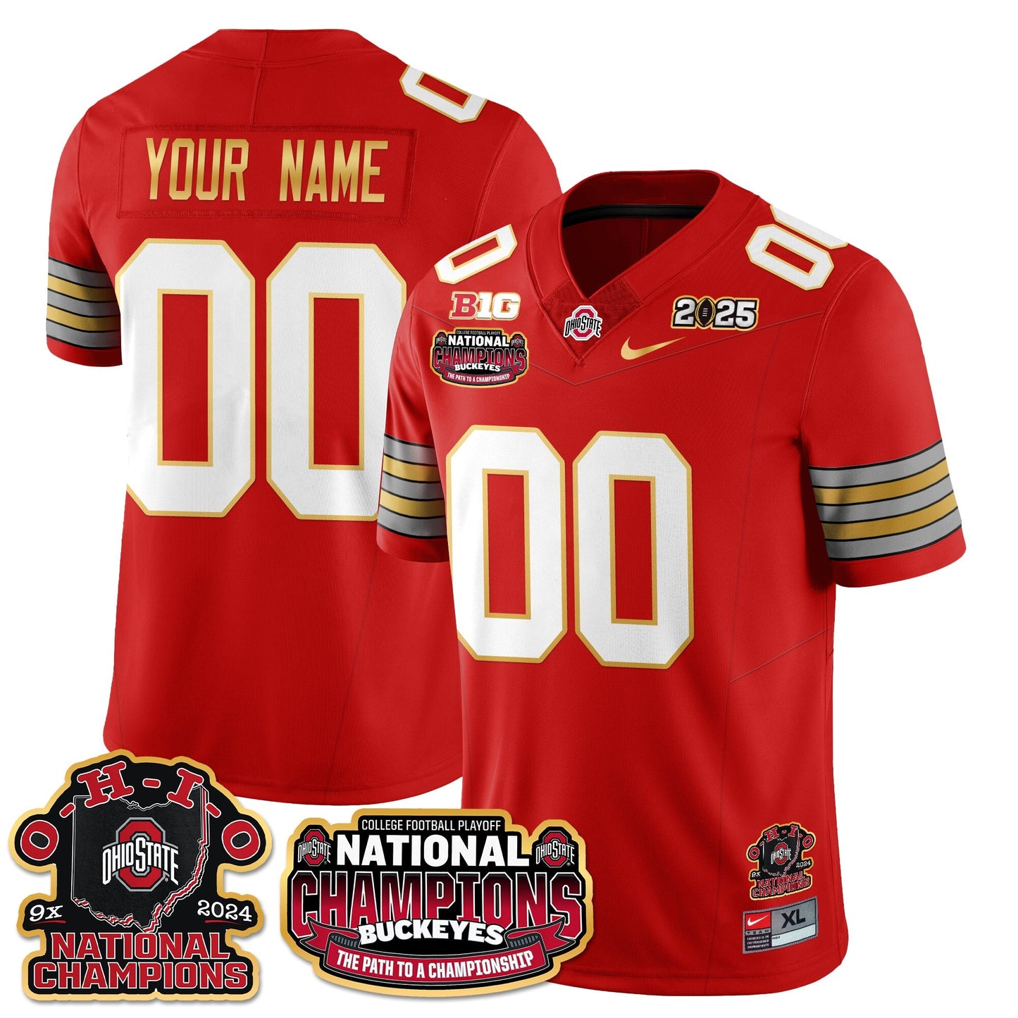 Custom Gender/Name OSU 'Heritage Stripe' 2025 CFP Patch - National Champions Gold Custom Jersey N9 - All Stitched