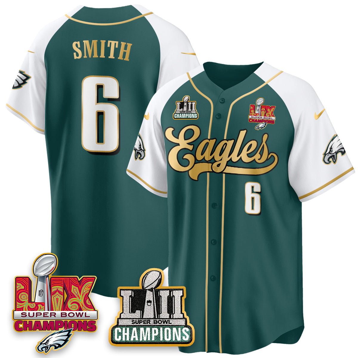 PHI LII-LIX Super Bowl Champions Vapor Limited Gold Baseball Jersey - All Stitched