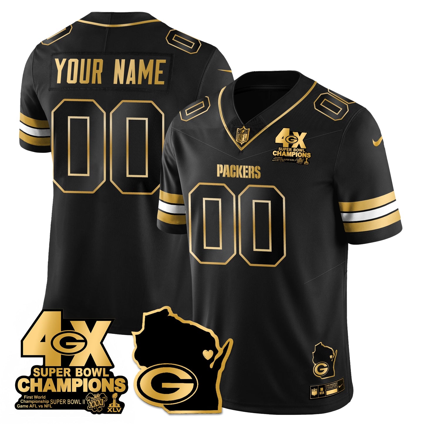 GB 4-Time Champions Patch Vapor Limited Gold Jersey - All Stitched