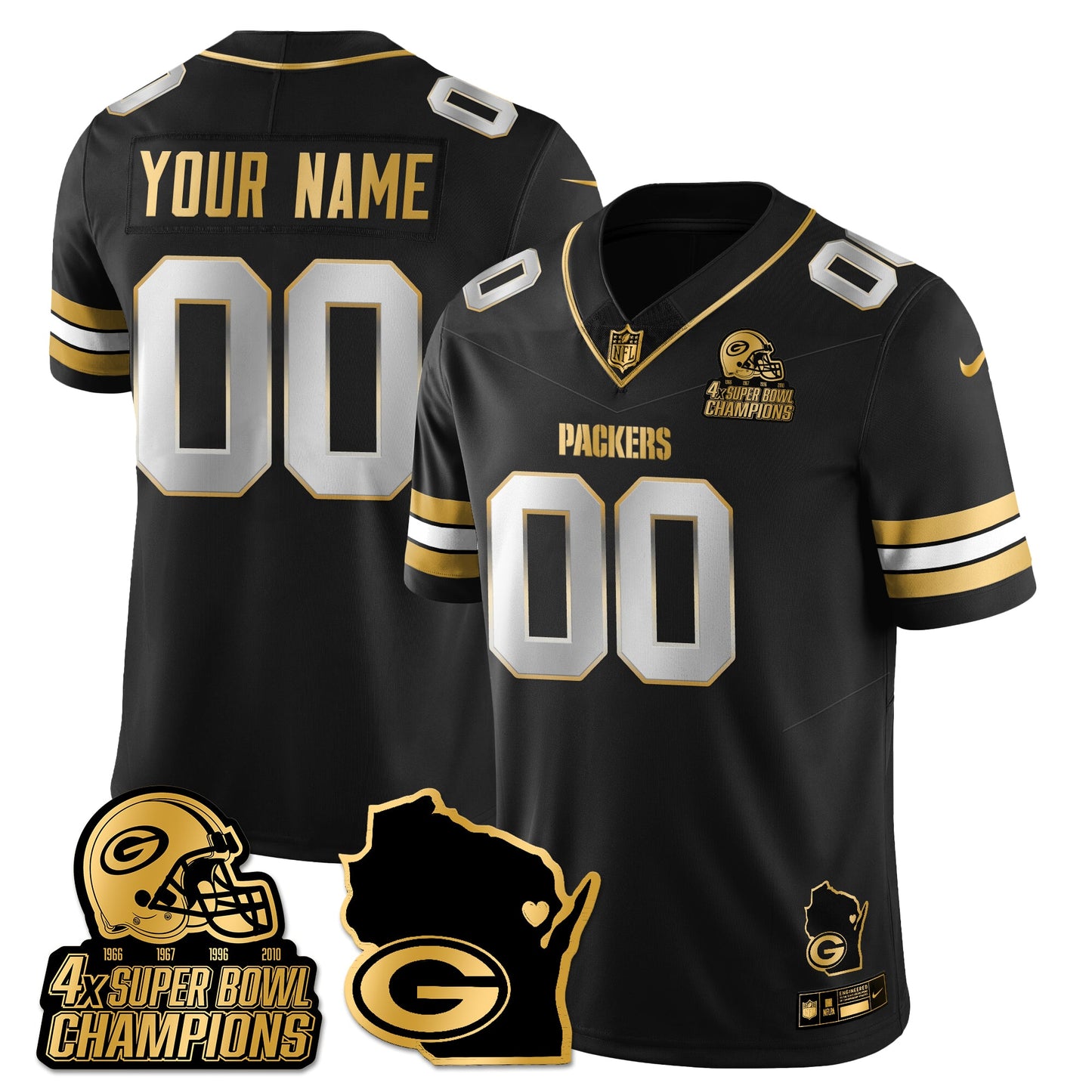 GB 4-Time Champions Patch Vapor Limited Gold Custom Jersey - All Stitched