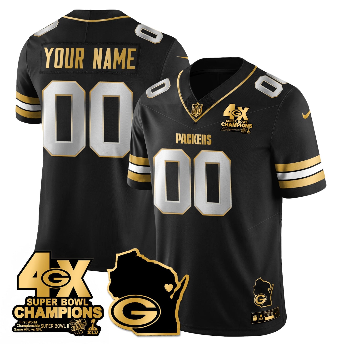 GB 4-Time Champions Patch Vapor Limited Gold Custom Jersey - All Stitched