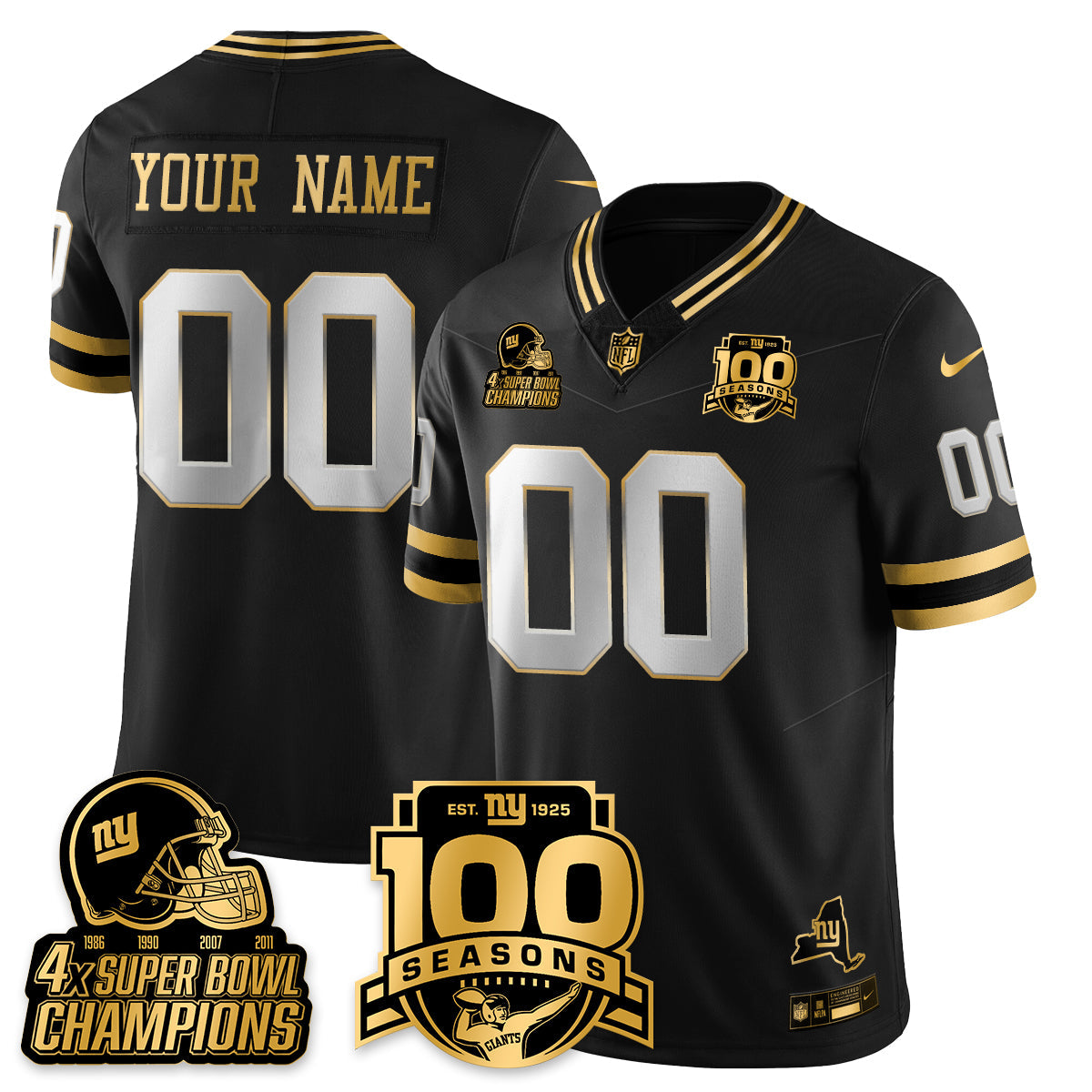 Custom NYG 4-Time Champions Limited Gold Jersey V2- 100th Season - All Stitched