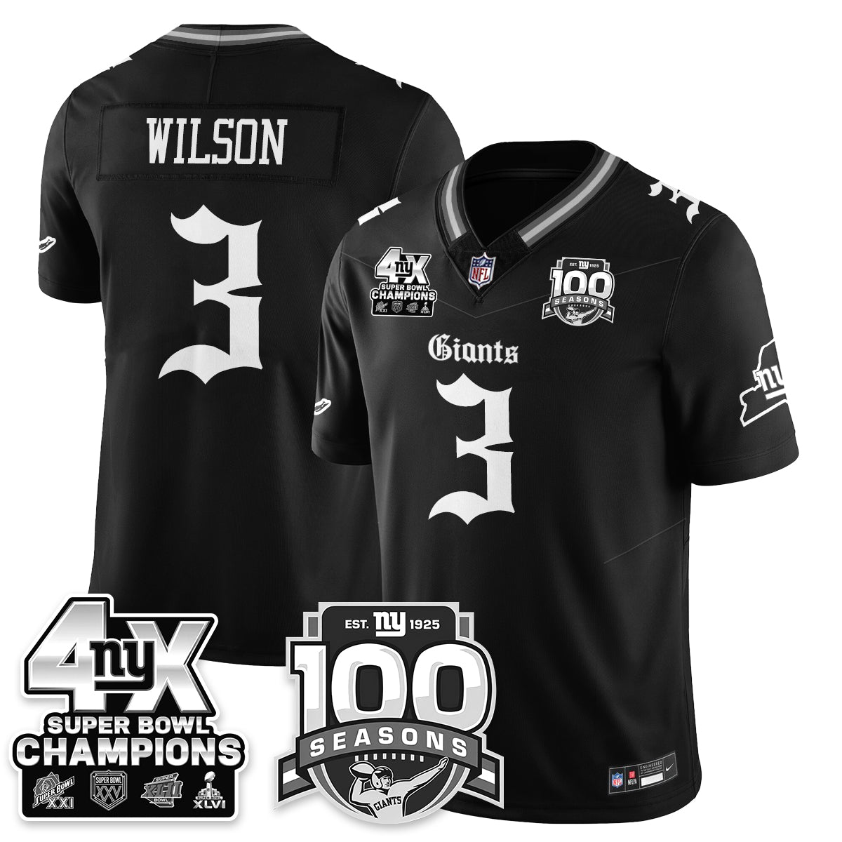 NYG 4-Time Champions Gothic Vapor Limited Jersey - 100th Seasons - All Stitched