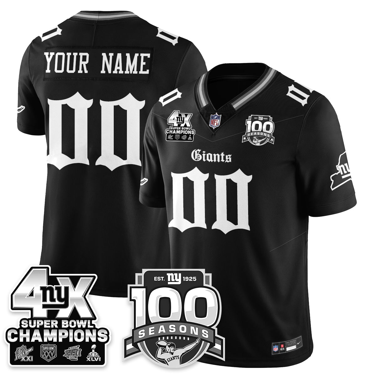 NYG 4-Time Champions Gothic Vapor Limited Custom Jersey - 100th Seasons - All Stitched