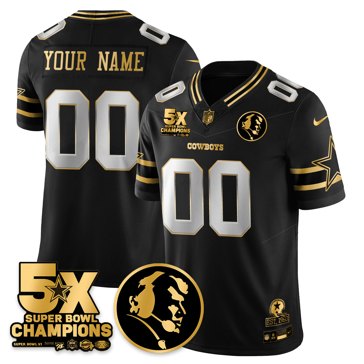 Custom DAL 5-Time Champions Vapor Limited Gold Jersey - John Madden Patch - All Stitched