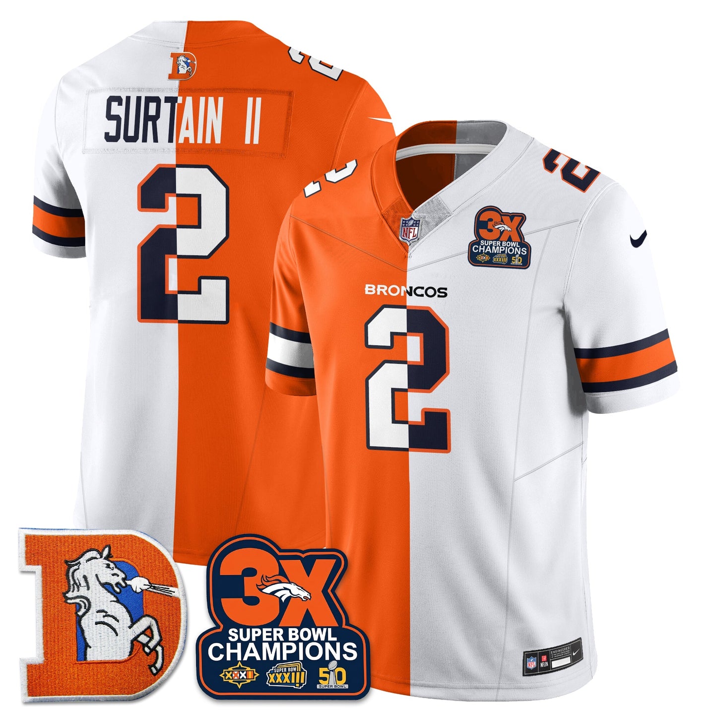 DEN 3-Time Champions Patch Throwback Vapor Limited Split Jersey - All Stitched