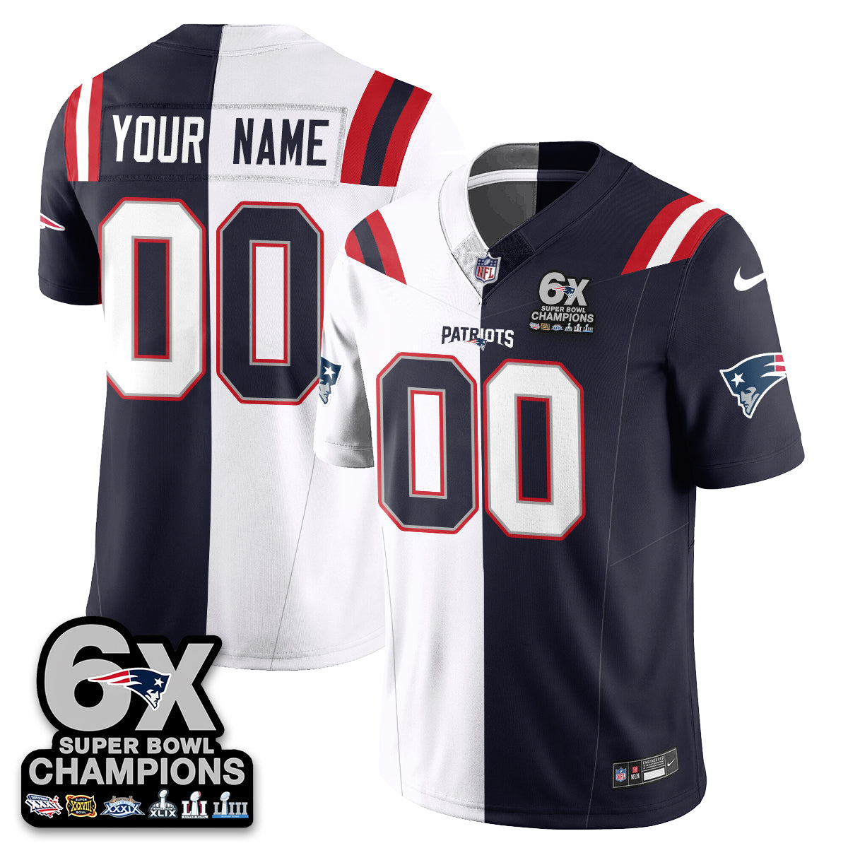 Custom NE 6-Time Champions Patch Vapor Limited Split Jersey - All Stitched