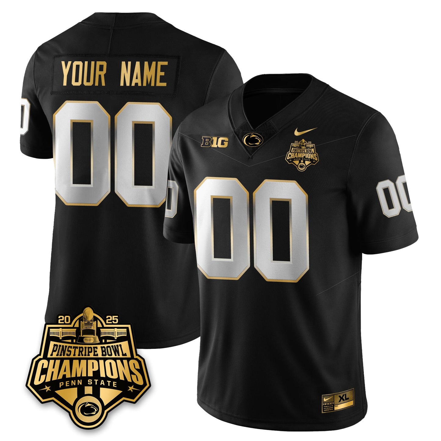 Custom PSU Football 2025 Pinstripe Bowl Champions Gold Jersey - All Stitched