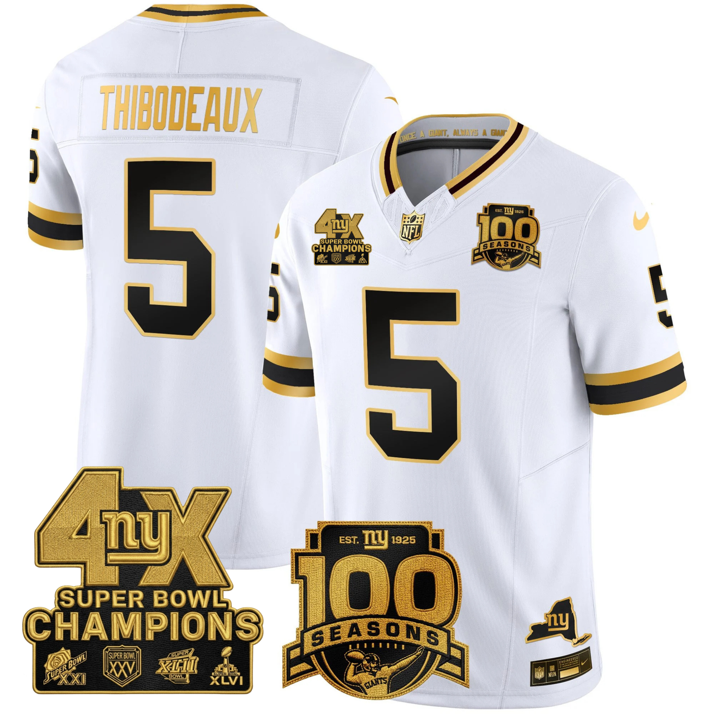 NYG 4X Champions & 100th Season Patch Vapor Limited Jersey - Stitched