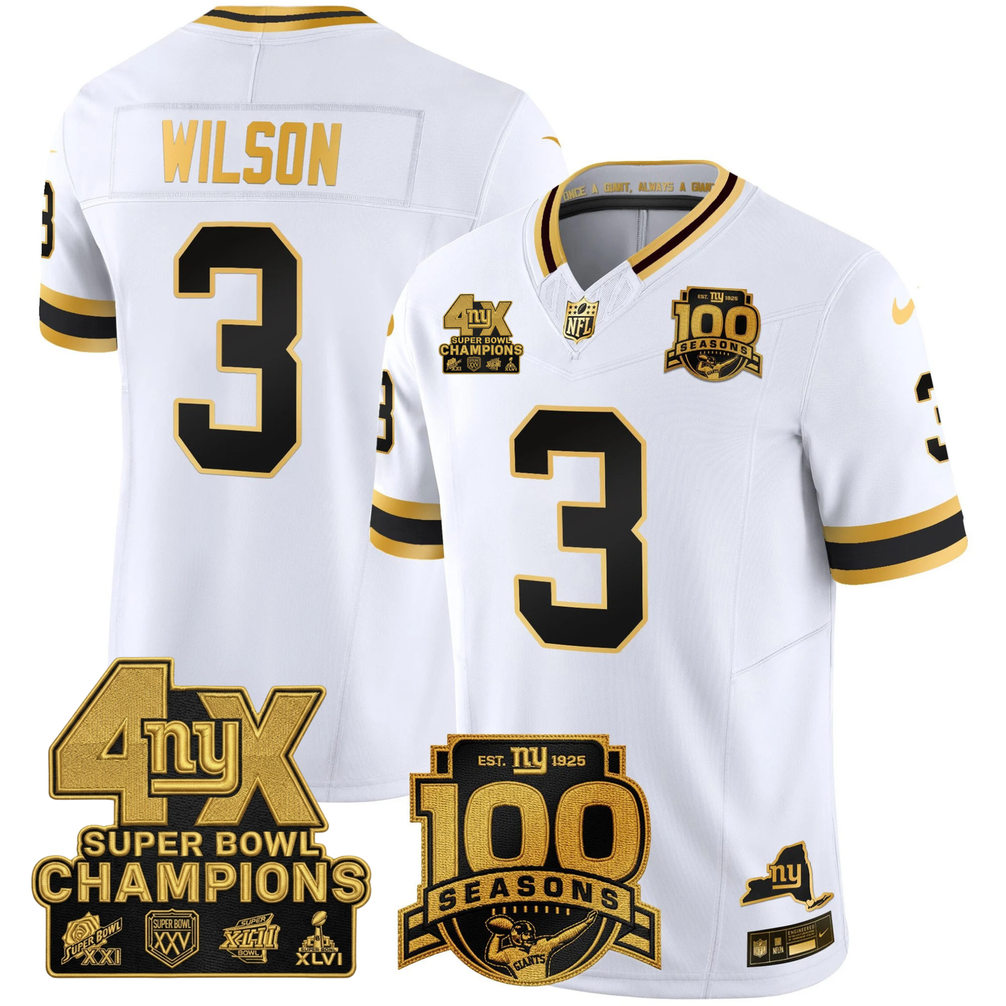 NYG 4X Champions & 100th Season Patch Vapor Limited Jersey - Stitched